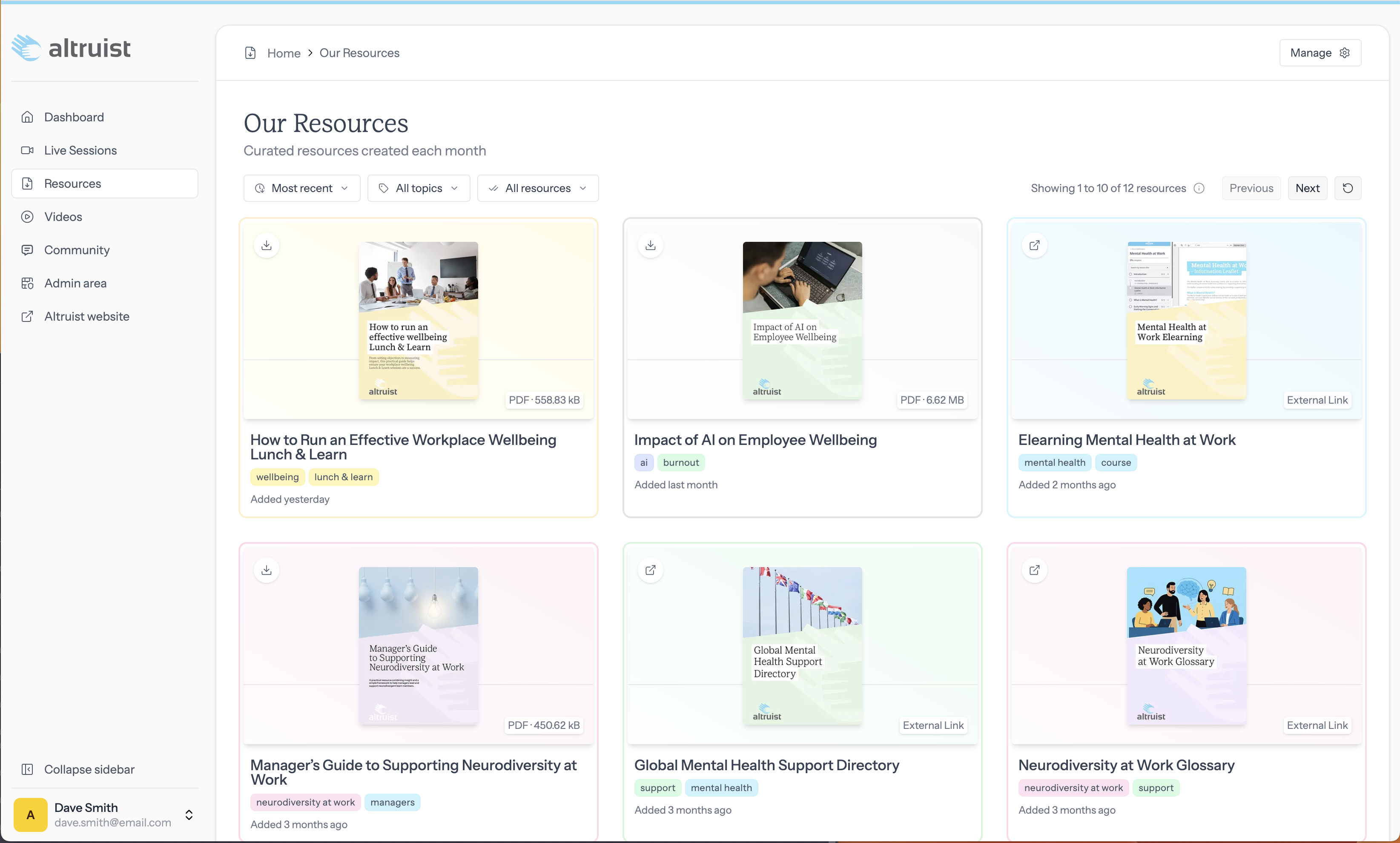 Capture d’écran de l’interface de ressources Altruist